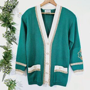Vintage Green Sideffects Cardigan Sweater With Gold Trim‎ & Embroidery《888》J
